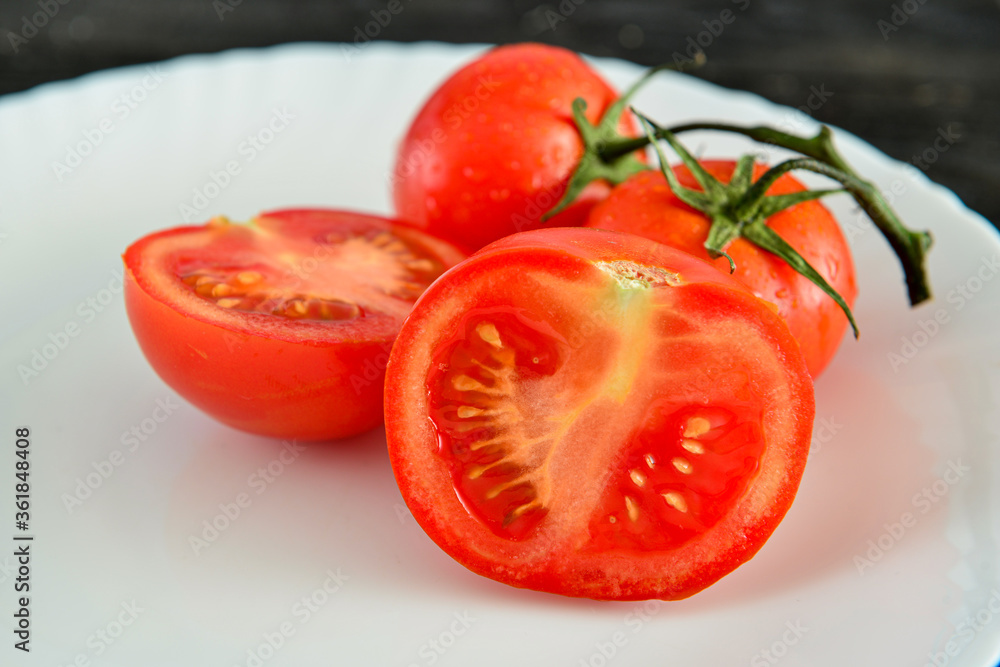 Tomato isolate. Tomato on white background. Tomatoes top view, side view. 