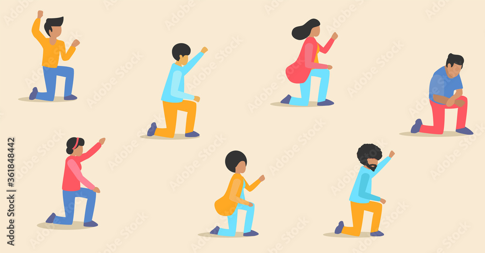 Group of diverse people take a knee protest against racism and police brutality. Black Lives Matter protesters kneeling hold up hand. Crowd of men women. Vector illustration Seamless pattern banner. Group of diverse people take a knee protest against racism and police brutality. Black Lives Matter protesters kneeling hold up hand. Crowd of men women. Vector illustration Seamless pattern banner.