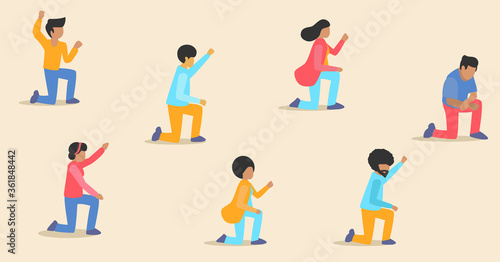 Group of diverse people take a knee protest against racism and police brutality. Black Lives Matter protesters kneeling hold up hand. Crowd of men women. Vector illustration Seamless pattern banner.