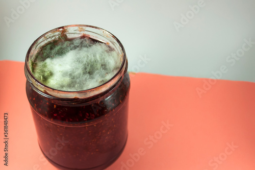 Colonies of microorganisms. Mold on jam. Macro shot. Water drop on green and gray mold. Mold drinks water