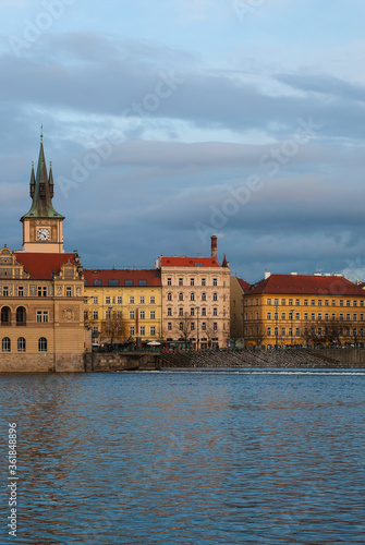 Panorama of the city of Prague, Czech Republic on a sunny day. View of the bank of the Vltava River.