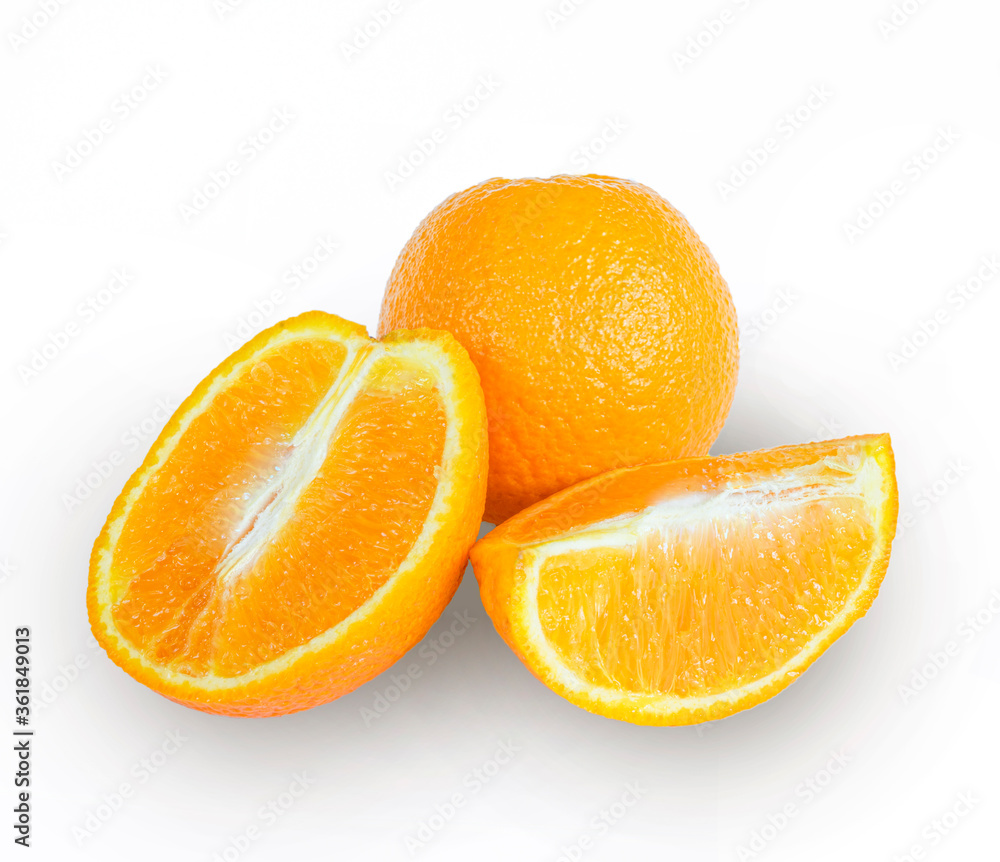 Fresh orange fruit on a white background. Orange slices on a white background. Sliced Orange. The fruit Fresh orange fruit on a white background. Orange slices on a white background. Sliced Orange. The fruit