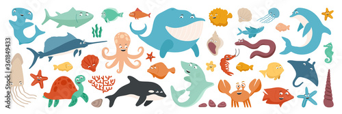 Set of marine life in a cartoon flat style. Turtle. Eel.  Whale. Dolphin. Killer whale. Starfish. Crab. Jellyfish. Squid. Shrimp. Fish. Swordfish. Tuna. Coral. Hammer fish. vector illustration.