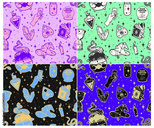 Vector magic witch seamless pattern. Witchcraft background, esoteric boho style,  Witchcraft, magic background for witches and wizards. Hand drawn magic tools, concept of witchcraft.