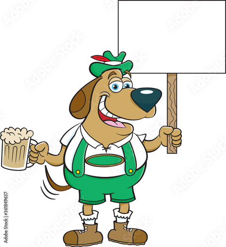 Cartoon illustration of a dog in lederhosen holding a beer and a sign.