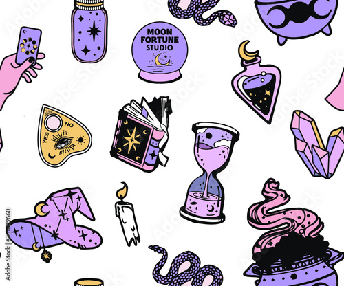 Vector magic witch seamless pattern. Witchcraft background, esoteric boho style,  Witchcraft, magic background for witches and wizards. Hand drawn magic tools, concept of witchcraft.