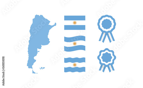 Argentina map, flag and cockade ribbons. National argentinian symbols set. Vector illustration designs for independence day celebration.