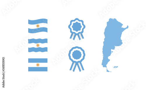 Argentina map, flag and cockade ribbons. National argentinian symbols set. Vector illustration designs for independence day celebration.