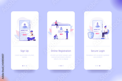 Application design set for Sign Up, Online Registration and Secure Login. UI on boarding screens design. Mobile app template. Modern vector illustrations for user interface
