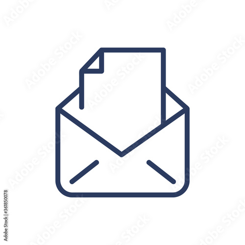 Document in open envelope thin line icon. Correspondence, letter, postcard isolated outline sign. Internet, communication, postal service concept. Vector illustration symbol element for web design