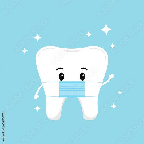 Cute tooth emoji with medical mask and sparkles isolated on background. Flat design cartoon kawaii style personal hygiene character vector illustration. Children teeth hygiene and treatment concept.