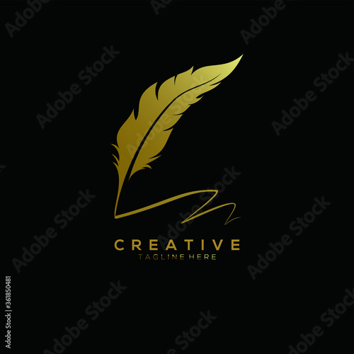 feather pen logo gold vector design template