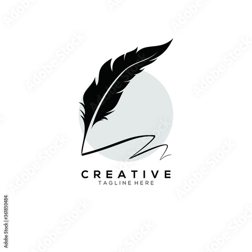 feather pen logo silhouette with circle light grey vector design template