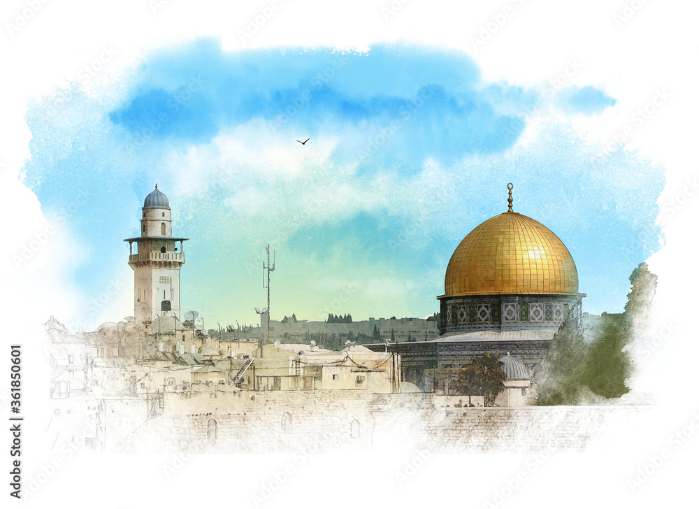 Naklejka premium Malowniczy widok na stare miasto Jerozolimy z kopułą na skale. Szkic akwarela.