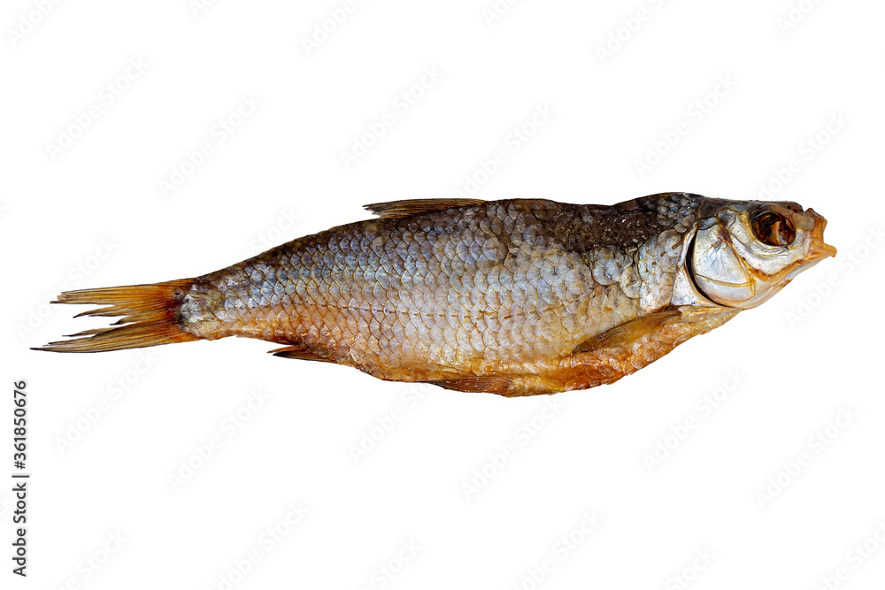 Dried roach isolated on a white background. Dried fish, preservation and preservation. Dried roach isolated on a white background. Dried fish, preservation and preservation.