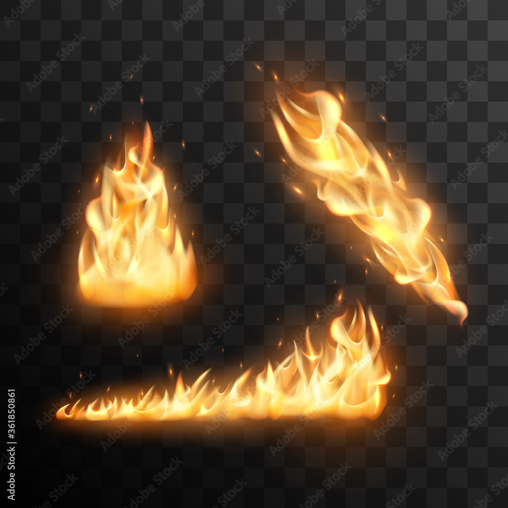 Set of realistic burning fire flames vector effect for design. Trail of fire vector effect. Set of realistic burning fire flames vector effect for design. Trail of fire vector effect.