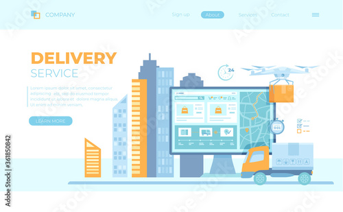 Online Express Delivery Service , Order Tracking. Truck, monitor with delivery site, map, quadcopter courier, postal drone, parcel boxes. Can use for web banner, landing page, web template. Vector 