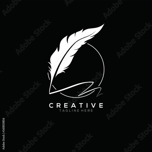 feather pen logo white with circle line vector design template