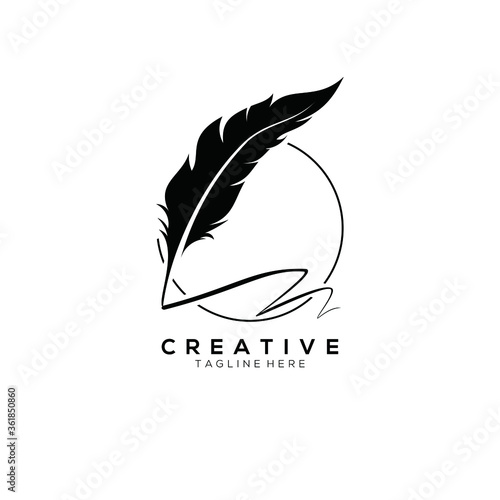 feather pen logo silhouette with circle line vector design template