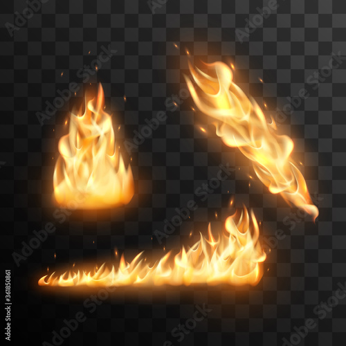 Set of realistic burning fire flames vector effect for design. Trail of fire vector effect.