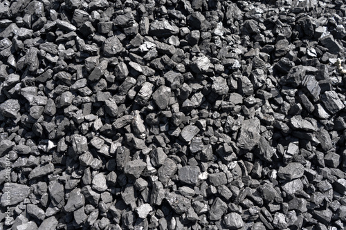 Natural coal deposits. Texture and background. Fine fraction. Top view of fuel for industry.