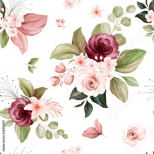 Floral seamless pattern of brown and burgundy watercolor roses and wild flowers arrangements on white background for fashion, print, textile, fabric, and card background