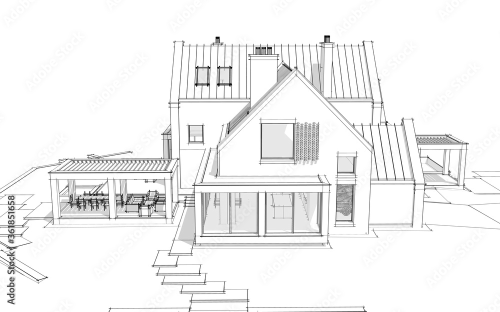 3d rendering of modern cozy clinker house on the ponds with garage and pool for sale or rent. Black line sketch with soft light shadows on white background