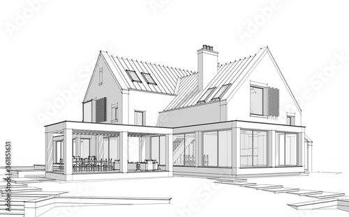 3d rendering of modern cozy clinker house on the ponds with garage and pool for sale or rent. Black line sketch with soft light shadows on white background