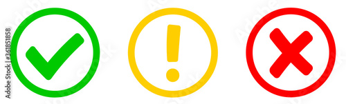 Сheck mark green, yellow exclamation sign and red wrong mark. Caution alarm, danger sign, check mark, X mark. Flat style - stock vector.