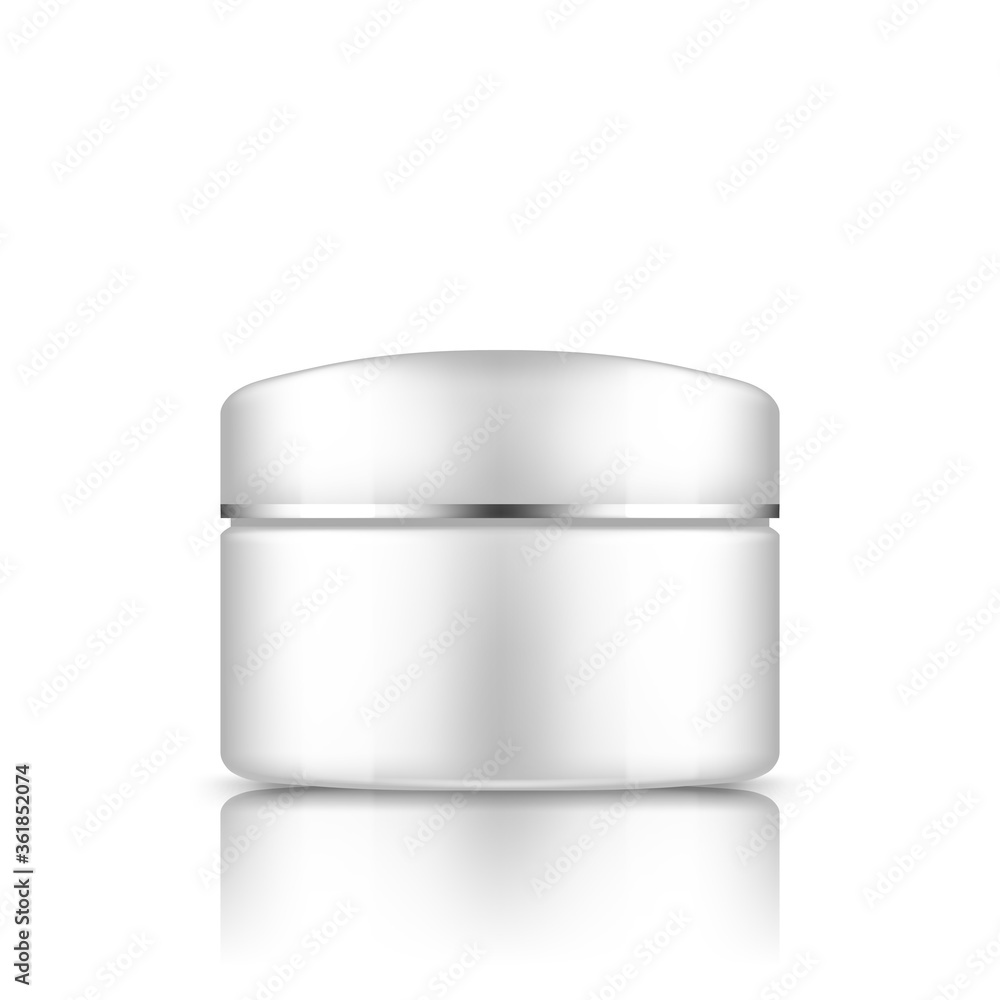 White cosmetic jar with silver strip on cap mockup isolated from background: lotion, cream, mousse, powder. Plastic package design. Blank medical, body or face care template. 3d vector illustration