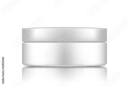 White cosmetic jar with cap mockup isolated from background: lotion, cream, mousse, powder. Plastic package design. Blank hygiene, medical, body or face care template. 3d vector illustration