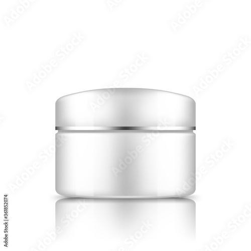 White cosmetic jar with silver strip on cap mockup isolated from background: lotion, cream, mousse, powder. Plastic package design. Blank medical, body or face care template. 3d vector illustration
