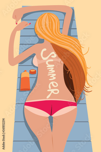 A red-haired girl tans on a deck chair on a sand isolate. The word "Summer" written with sun cream on the back. Stock illustration about vacation and travel in the summer. For design and greeting card