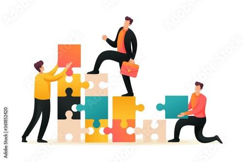 Team entrepreneurs leads to success, helping to build a ladder up. Flat 2D character. Concept for web design