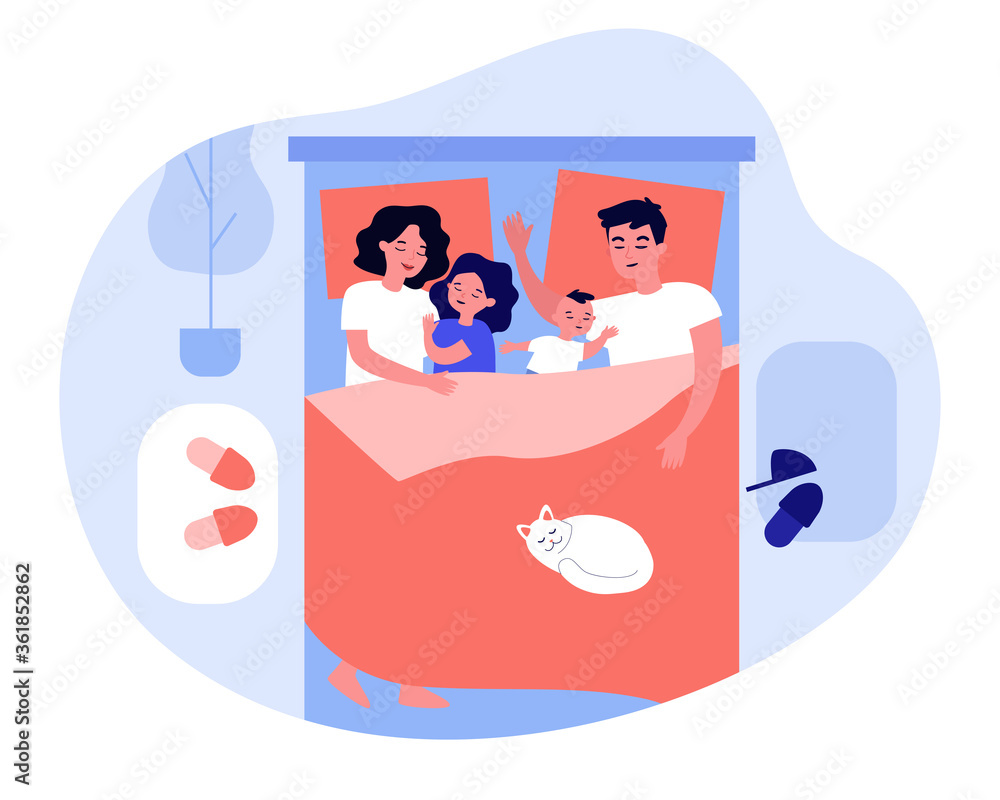 Kids sleeping in parents bed. Happy mom and dad lying and hugging