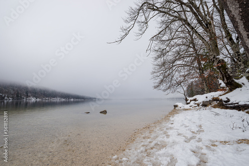 Beautiful lake Bohinj by a snowed shore and mist above it.