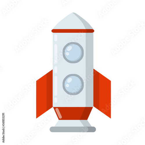 Rocket. Spaceship with porthole. Flight into space. Scientific discovery and colonization of planets. Red-and-white flat cartoon spacecraft. Children drawing.