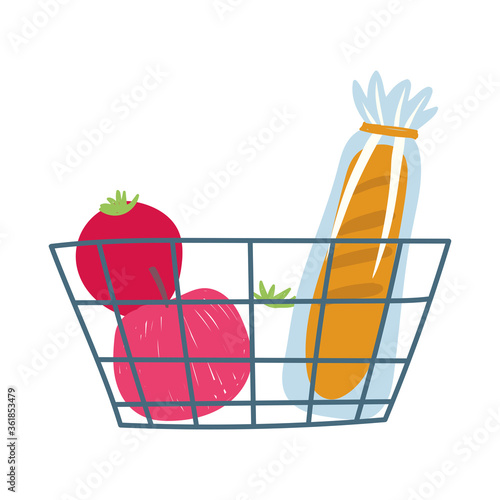 shopping basket with bread tomato and apple isolated icon design white background