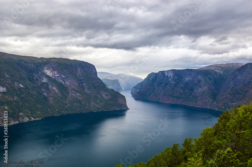 clouds over Aurlandsfjord and Stagestein viewpoint in Norway