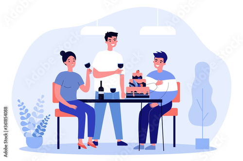 Group of friends celebrating birthday. Happy young people drinking wine and eating cake flat vector illustration. Friendship, dessert, party concept for banner, website design or landing web page