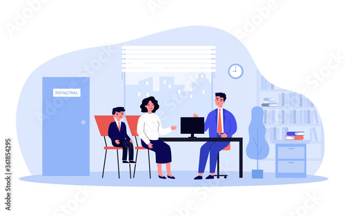 School headmaster meeting with student parent. Principal talking to mom and son in his office. Vector illustration for education, children behavior, teaching concept photo