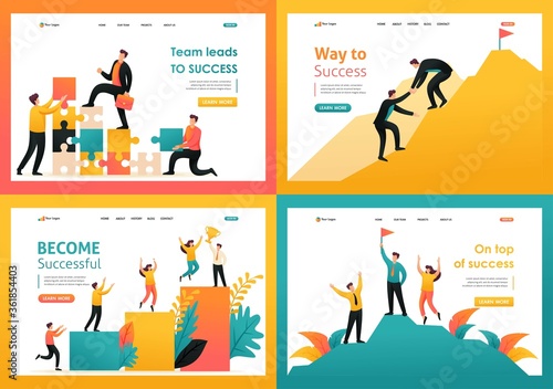 Flat 2D illustration on the topic of achieving success as a team, the path to success, teamwork. For Landing page concepts and web design