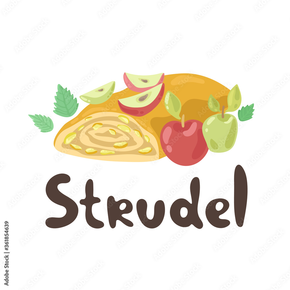 Apple strudel. European national dish collection. Cute cartoon strudel isolated on a white background. Flat style. Pie-like dish made with dough, apples, sugar, spices. Austrian Cuisine.