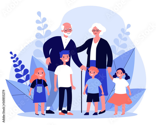 Happy grandparents spending leisure time with grandchildren. Senior couple and kids together flat vector illustration. Family, togetherness concept for banner, website design or landing web page