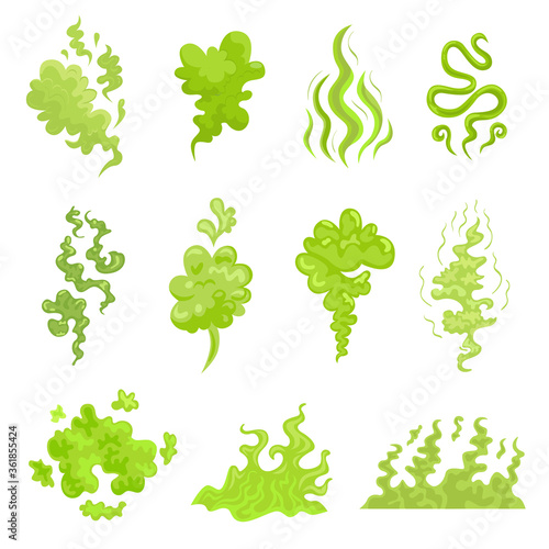 Various bad smell odor clouds flat icon set. Cartoon green toxic steam, stinky dirt breath, odor smoke isolated vector illustration collection. Fart and stink concept