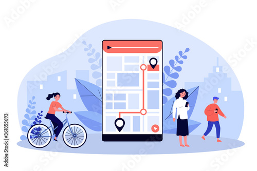 People using mobile app with city map for tracking. Men and women commuting with bike and phones. Vector illustration for city map, sport application, delivery service concept