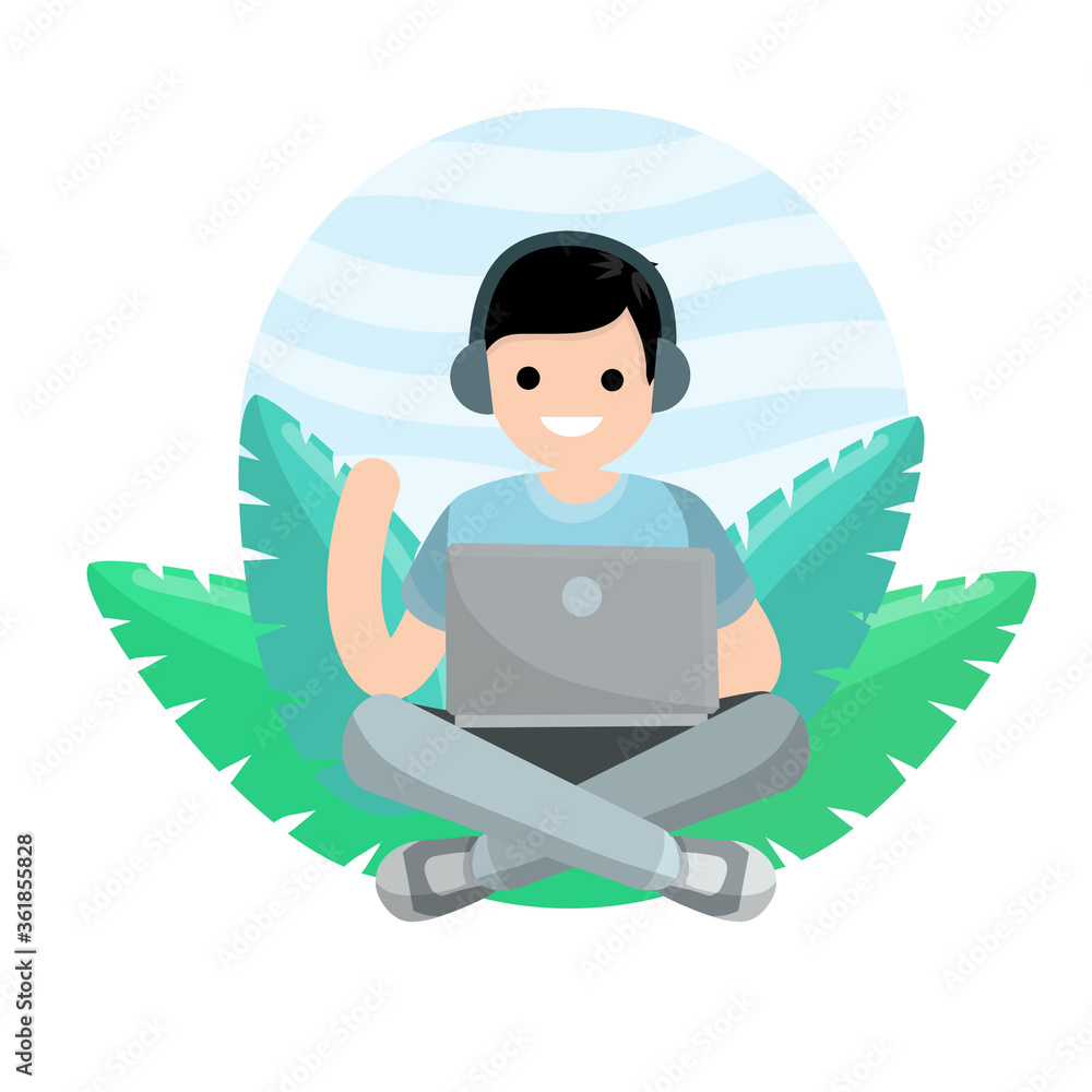 Man sit with laptop. Work freelance and programmer. Guy works on Internet and chat. Cartoon flat illustration. Learning and education with book and green leaves. Man sit with laptop. Work freelance and programmer. Guy works on Internet and chat. Cartoon flat illustration. Learning and education with book and green leaves.