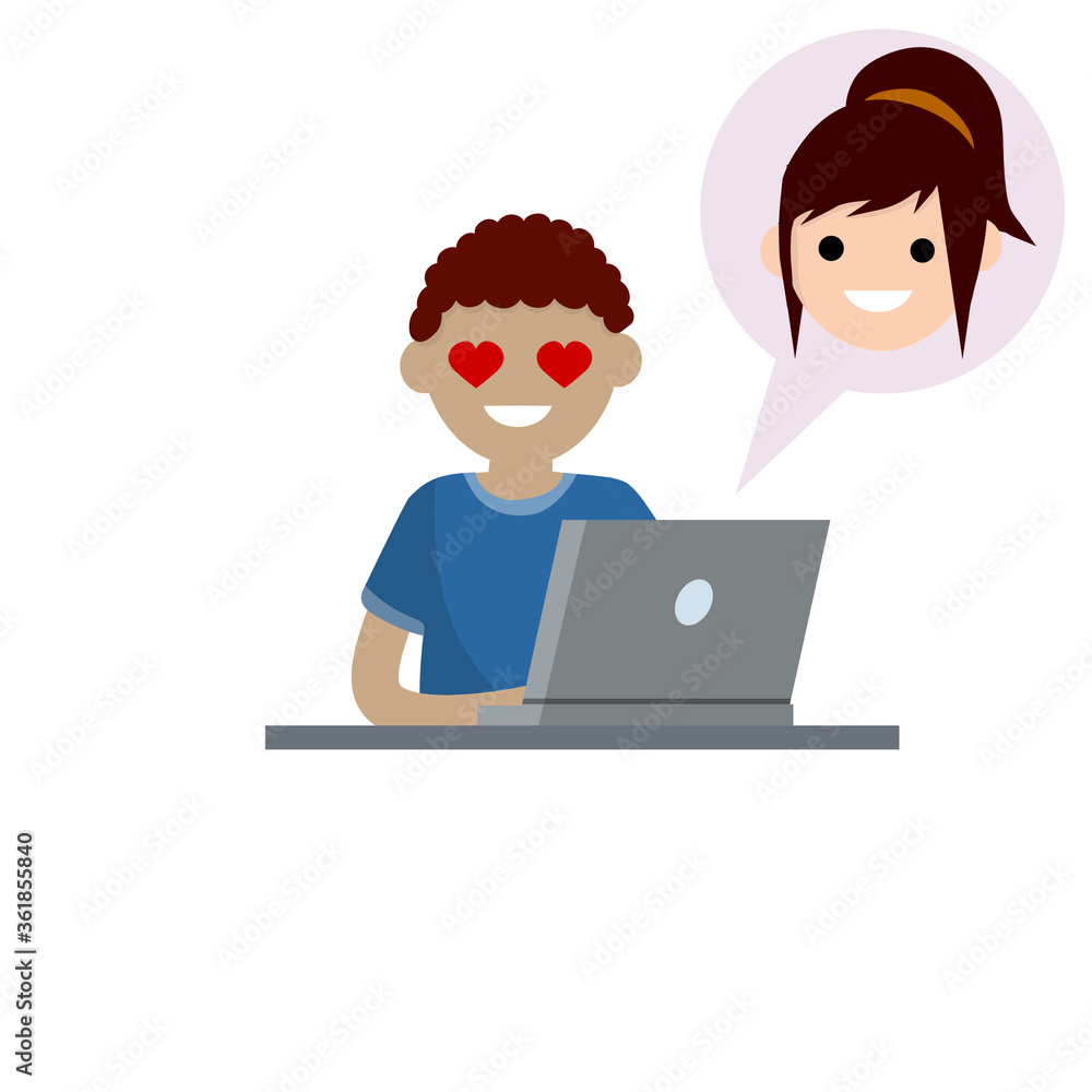 Man in love sitting at table with laptop. boyfriend and girlfriend email. Bubble with girl head. Romantic relationships on Internet. Cartoon flat illustration. Chat with woman. Heart on eyes