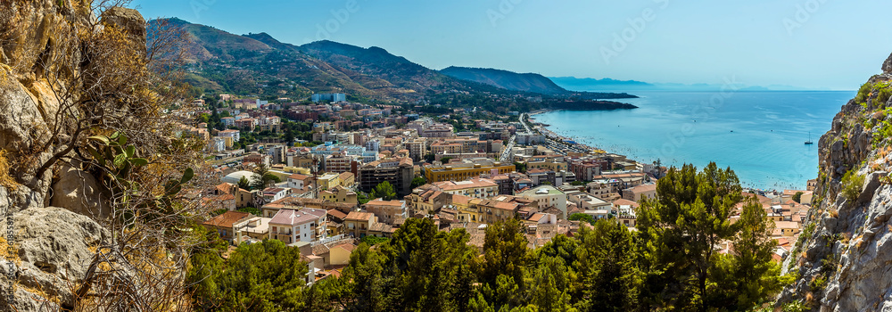 The town of Cefalu, Sicily from the mesa behind the town in summer
