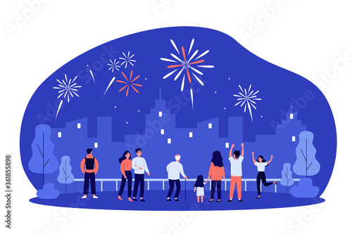 Crowd of city people celebrating urban festive event, watching spectacular firework in night sky over city scape. Vector illustration for pyrotechnics, show, explosion concept
